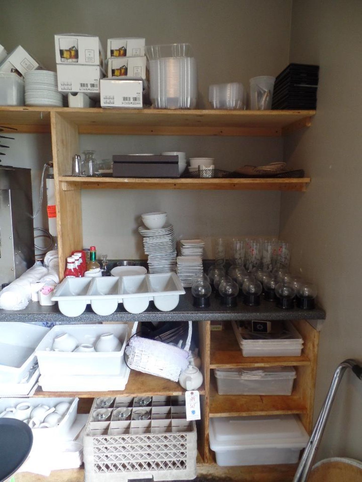 (Lot ) Asst. Glassware, Dishes In Back Room, No Chairs or coffee Equipment