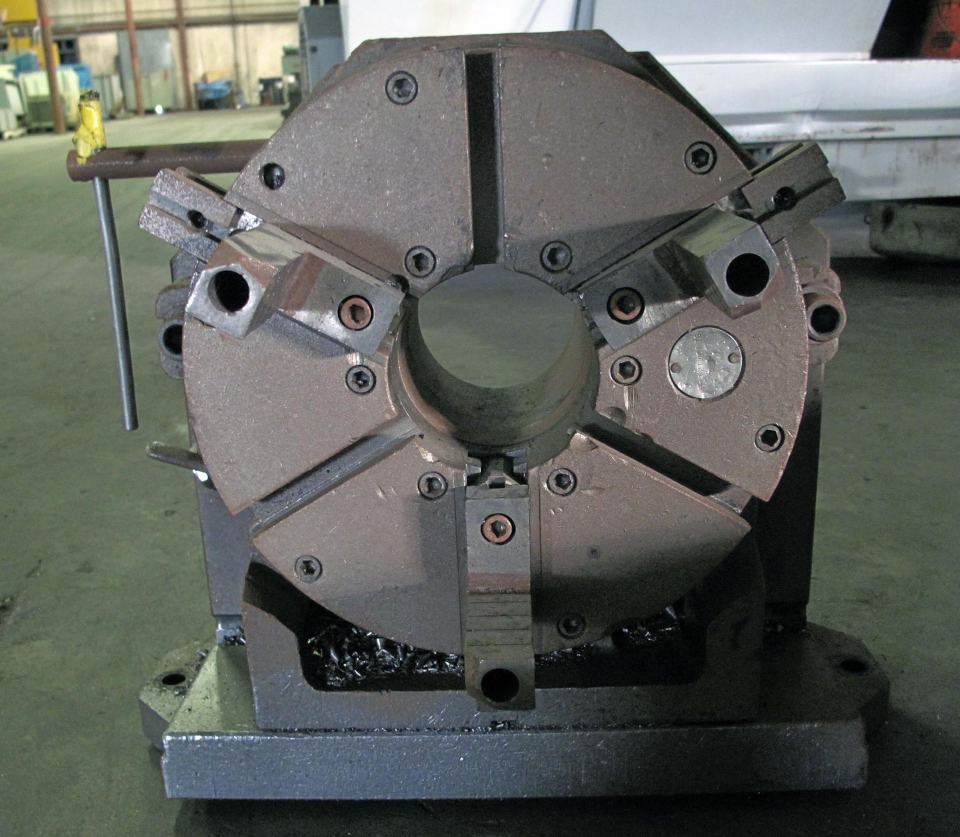 ROTARY TABLE, CUSHMAN, on H.D. right angle stand, approx. 24" swing, 12" dia. 3-jaw chuck w/2-