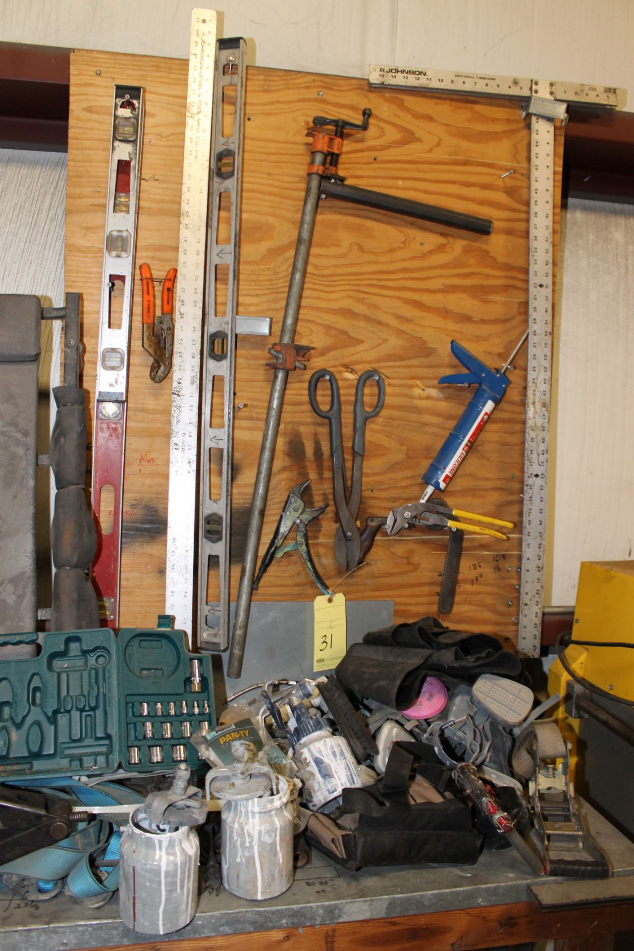 LOT OF MISC. SHOP TOOLS, including: Spirit levels, T squares, tin snips, safety harnesses, etc. (