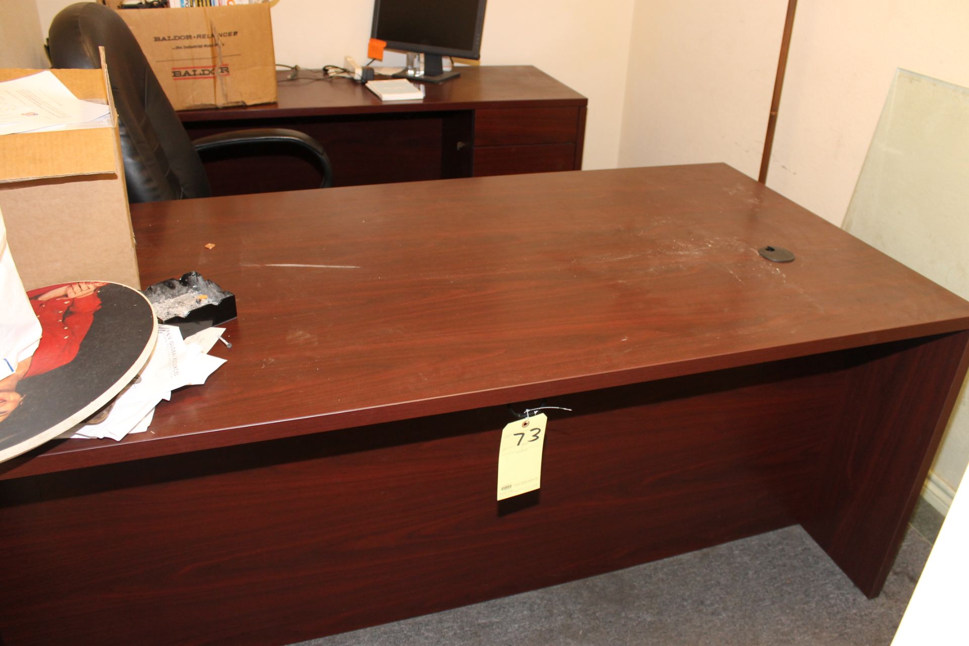 LOT OF OFFICE FURNITURE: executive desk, matching credenza, executive chair  (approx. one year old)