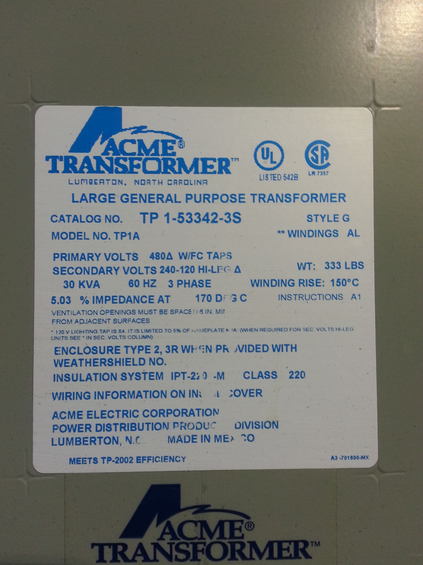 Acme Model TP1A Transformer, 480V, 30 KVA, 60 HZ, 3 Phase - Image 3 of 3