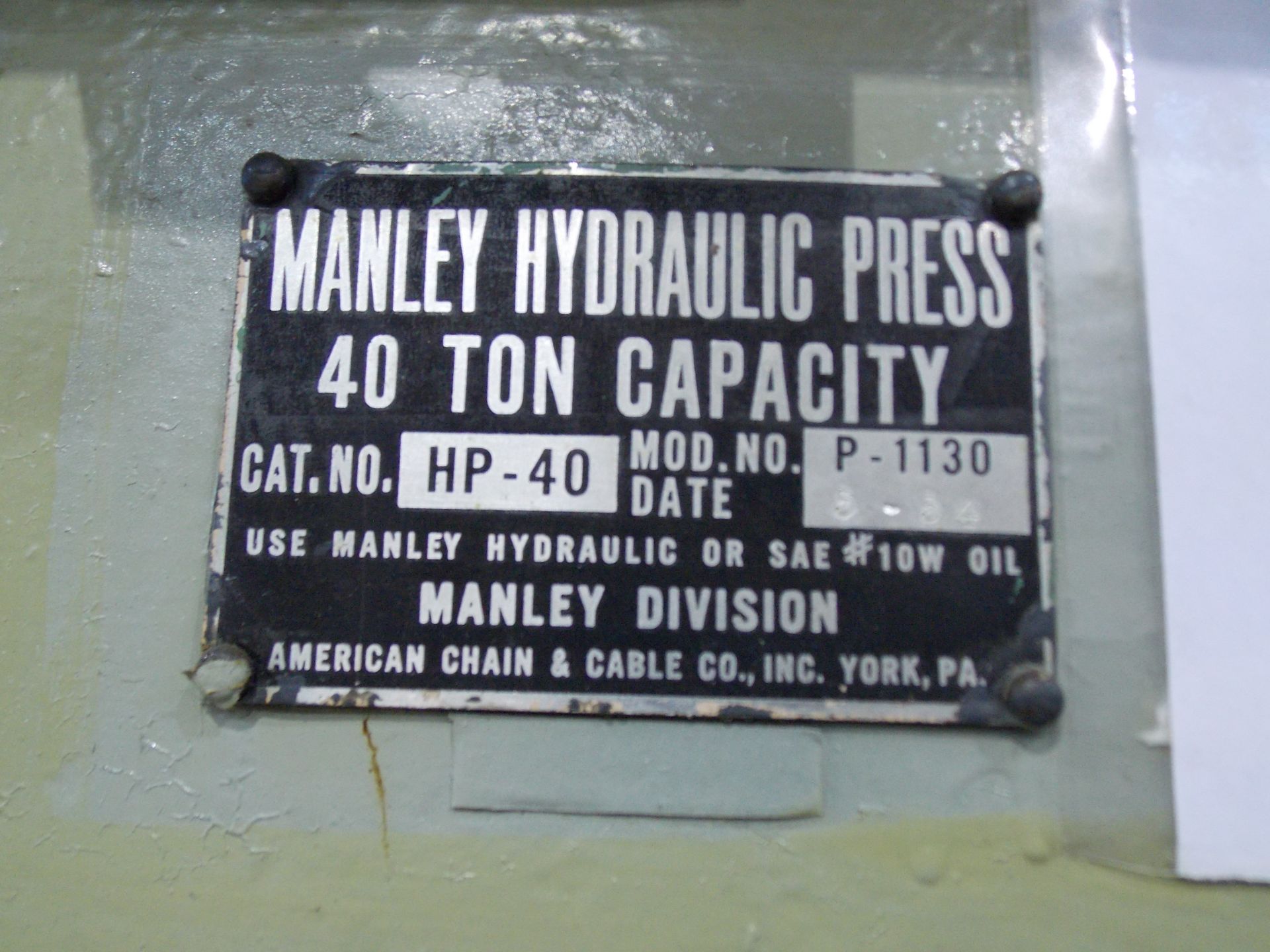 MANLEY P-1130 40-Ton Hydraulic H-Frame Shop Press - Image 3 of 3