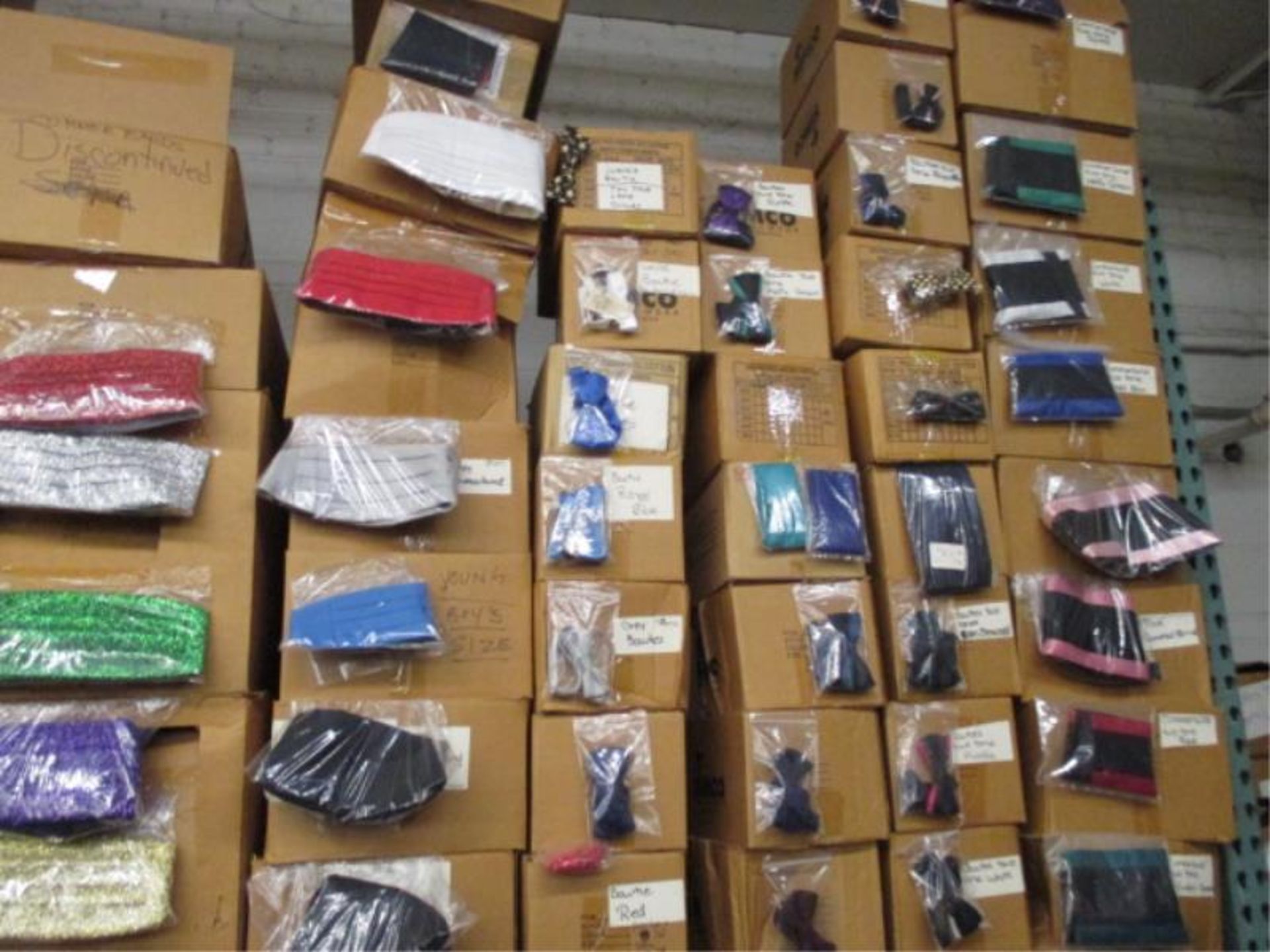 Lot Misc Tux Accessories, Cummerbunds, Bow Ties, Etc. Approx. 58 Boxes, Many Colors & Styles