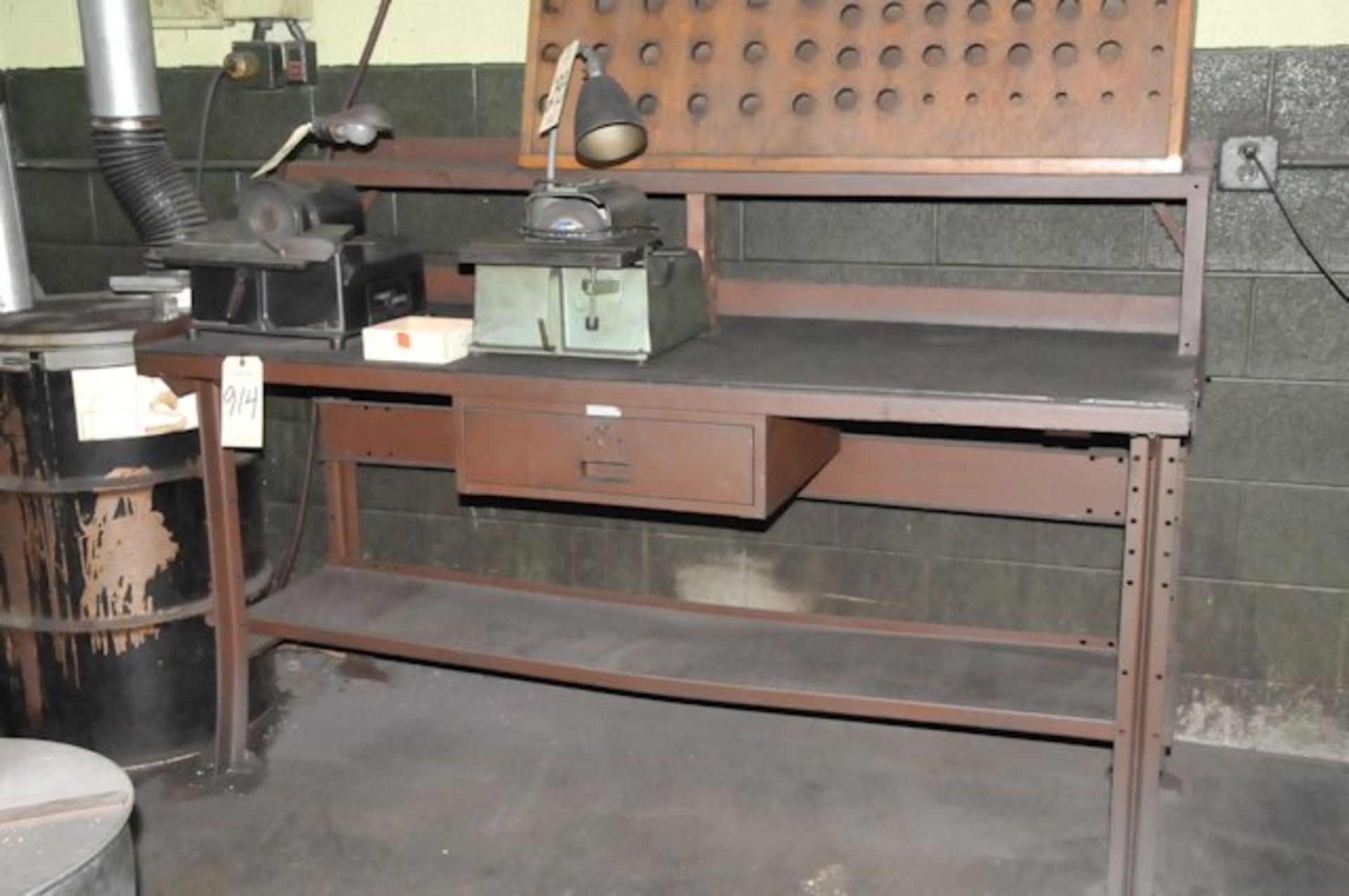Lot-(1) Steel Work Bench; (2) Wood Work Benches; (1) Tall 2-Door  Supply Cabinet; (2) Short 2-Door S