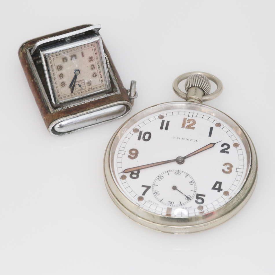 Military issue Frenca pocket watch with white enamel dial and subsidiary seconds dial, with military