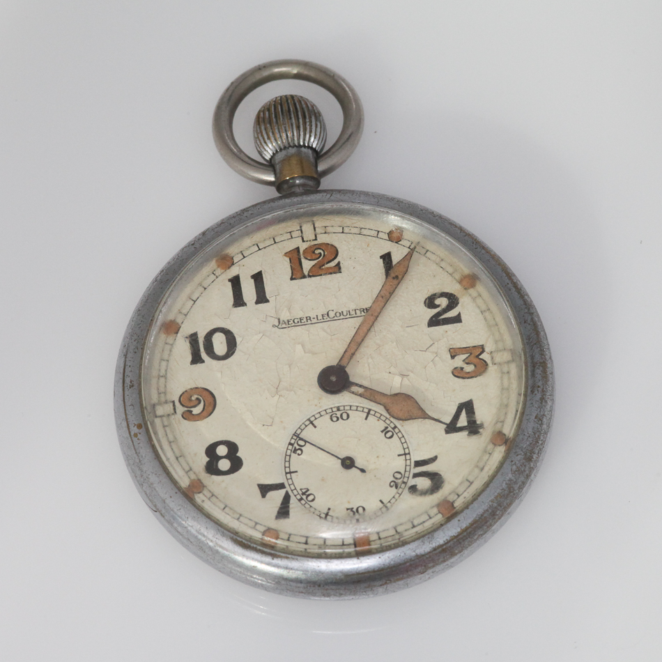 Vintage Jaeger Le Coultre military pocket watch marked with crowsfoot GSTP, numbered  FO28453 to