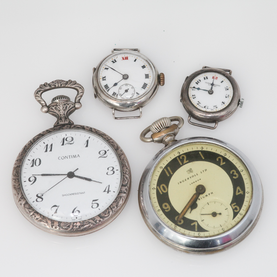 2 Vintage wrist watches marked James Walker, London, Ingersoll triumph stopwatch and a Contima