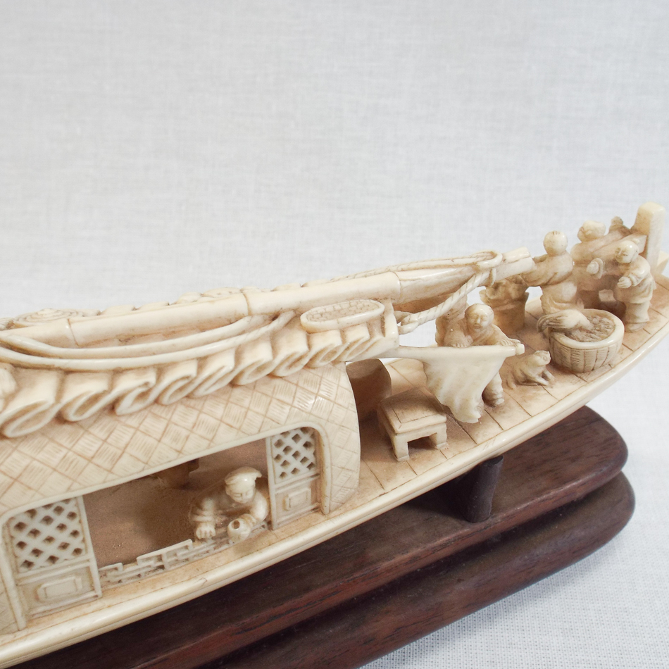 Early 20th century Meiji Japanese carved ivory model of a Junk with figures on hardwood stand, - Image 2 of 6