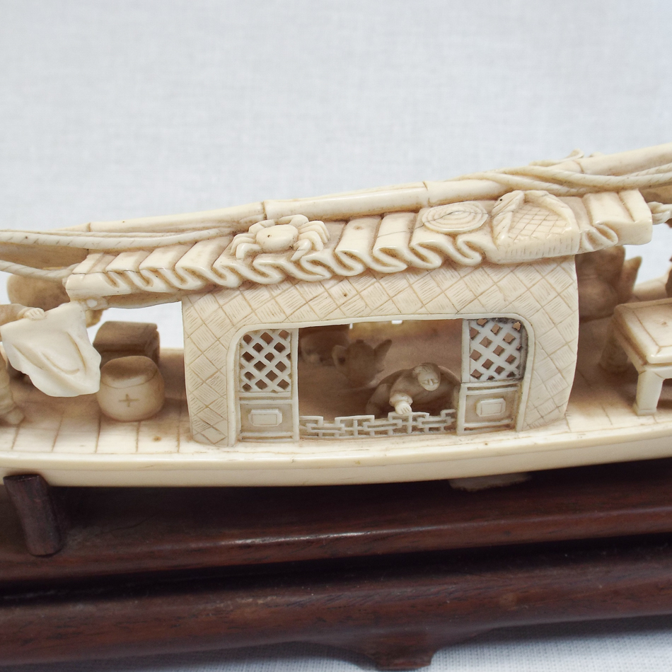 Early 20th century Meiji Japanese carved ivory model of a Junk with figures on hardwood stand, - Image 5 of 6