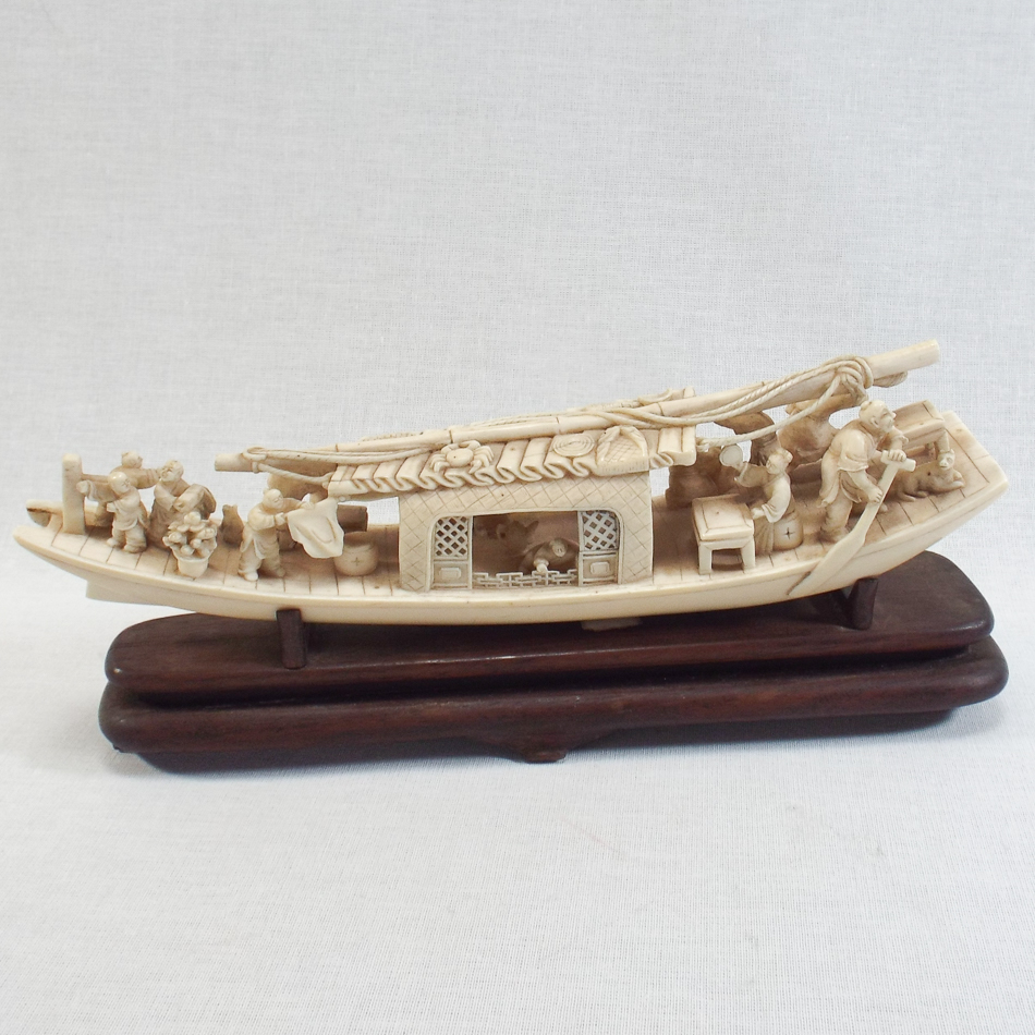 Early 20th century Meiji Japanese carved ivory model of a Junk with figures on hardwood stand, - Image 4 of 6