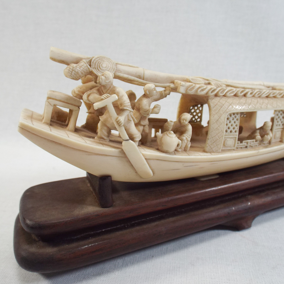 Early 20th century Meiji Japanese carved ivory model of a Junk with figures on hardwood stand, - Image 3 of 6