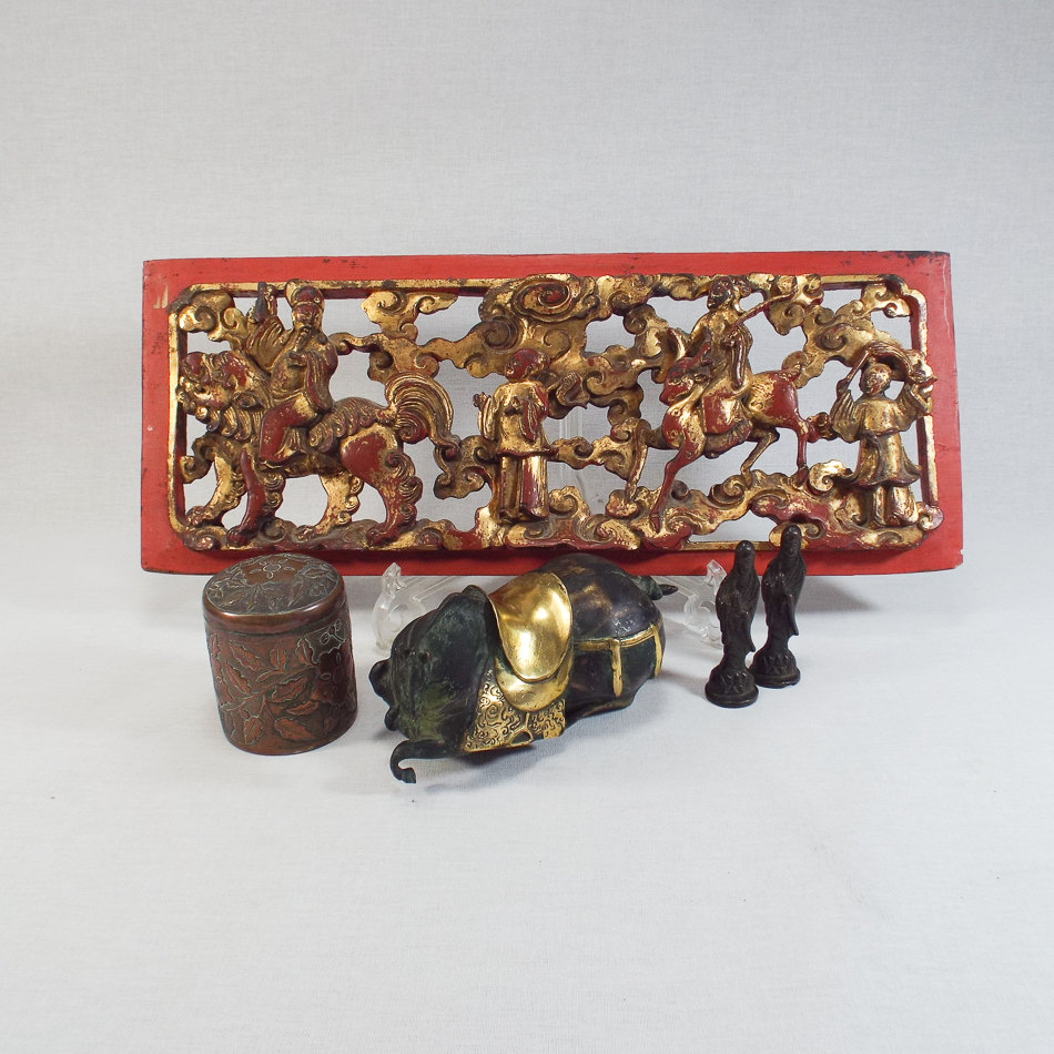Collection of Chinese items including a red lacquer and gilt temple panel, Tang style bronze and