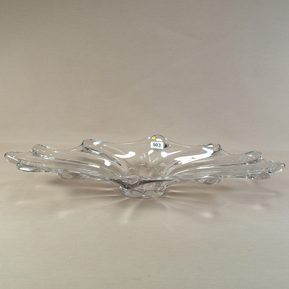 Large 1950's clear glass 'water splash' vase or table centre, 63 cm overall      Good, slight wear