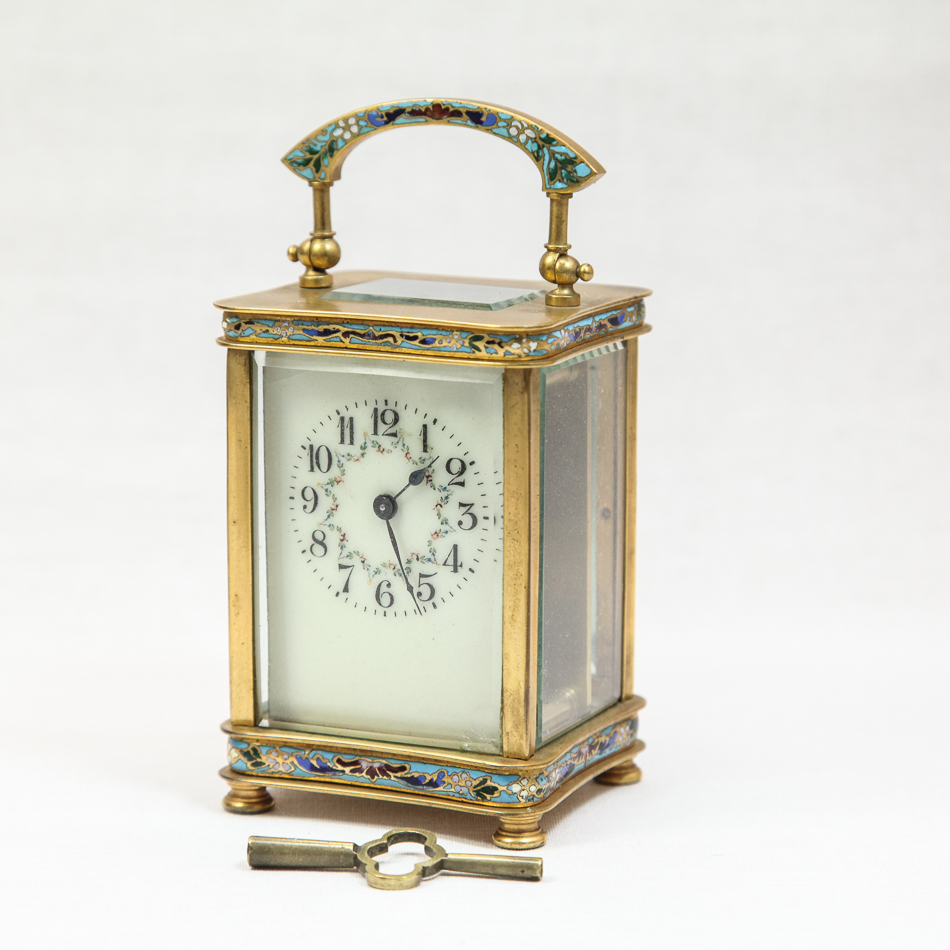 A late 19th century carriage clock with enamelled dial and French timepiece movement, in cloisonne