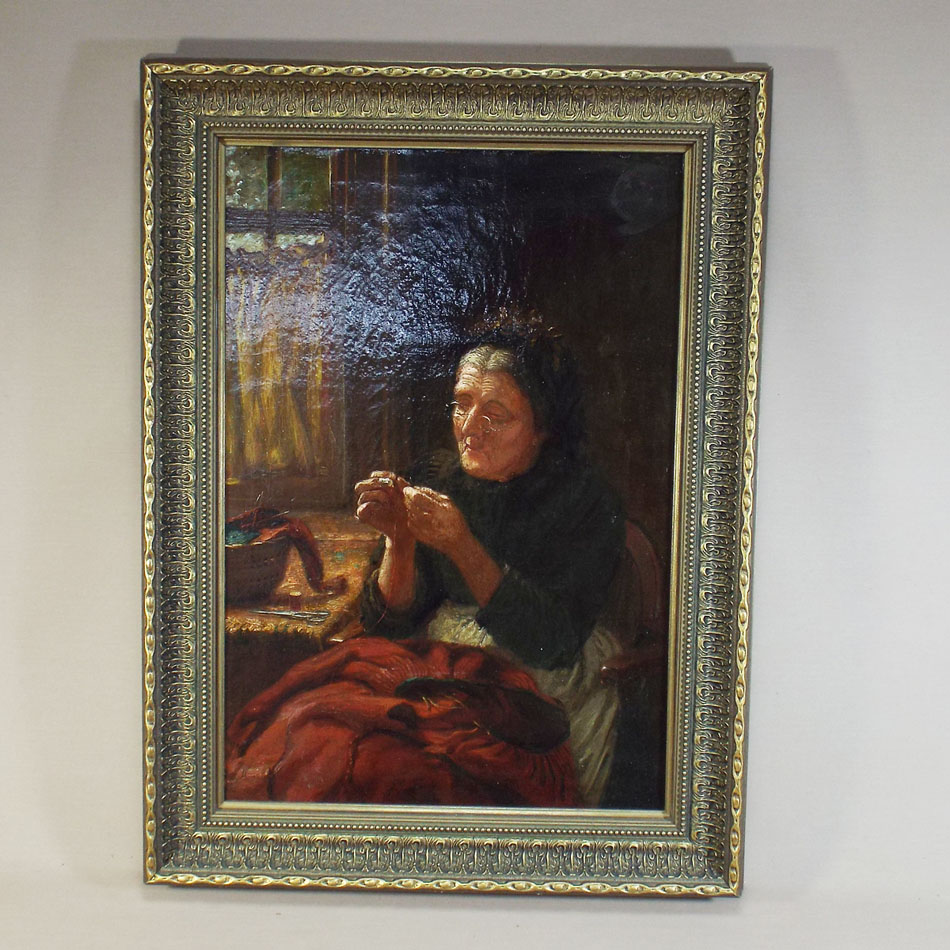 J Pratt, Victorian oil painting of an old lady sewing, signed and dated 1894, 44cms x 31 cms