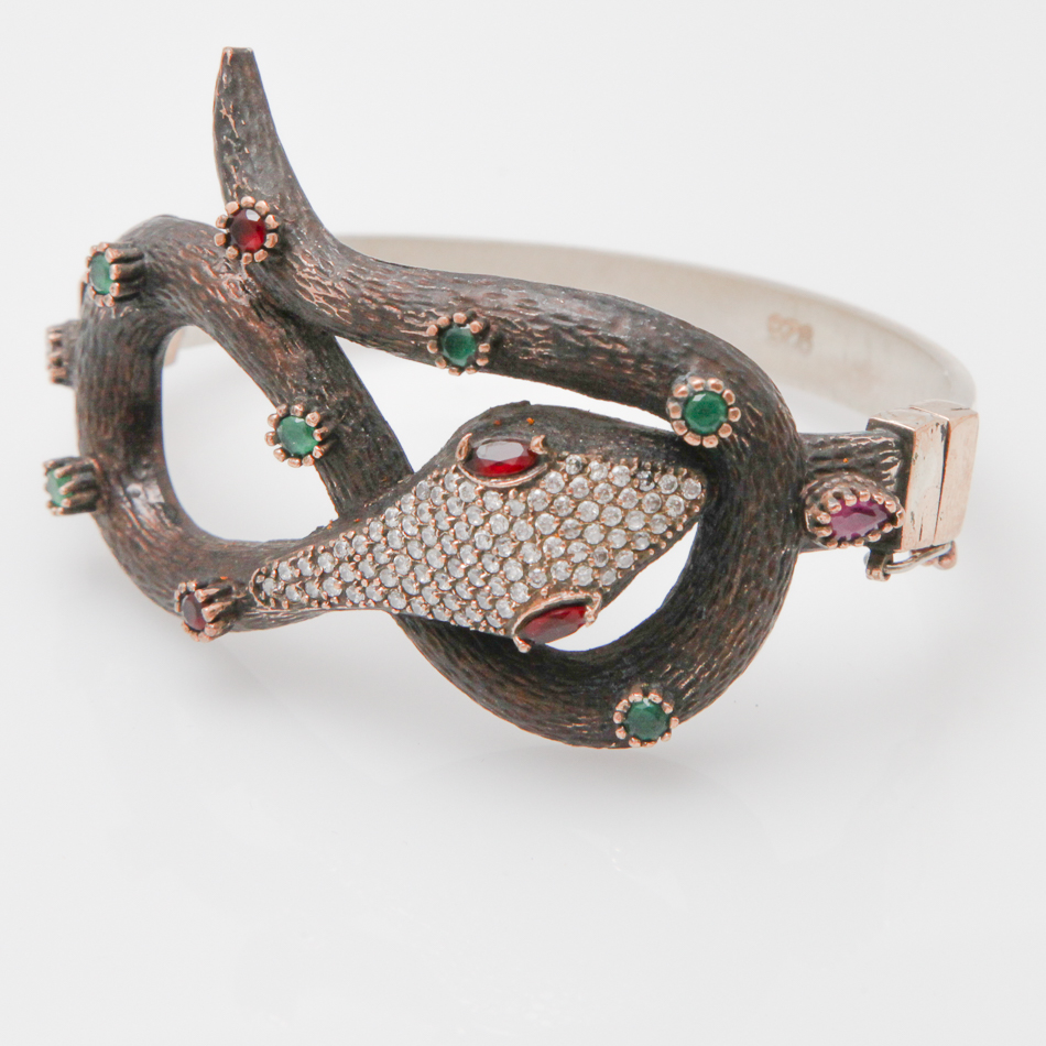 Unusual snake design bangle set with emeralds and rubies and Cz bangle part stamped 925