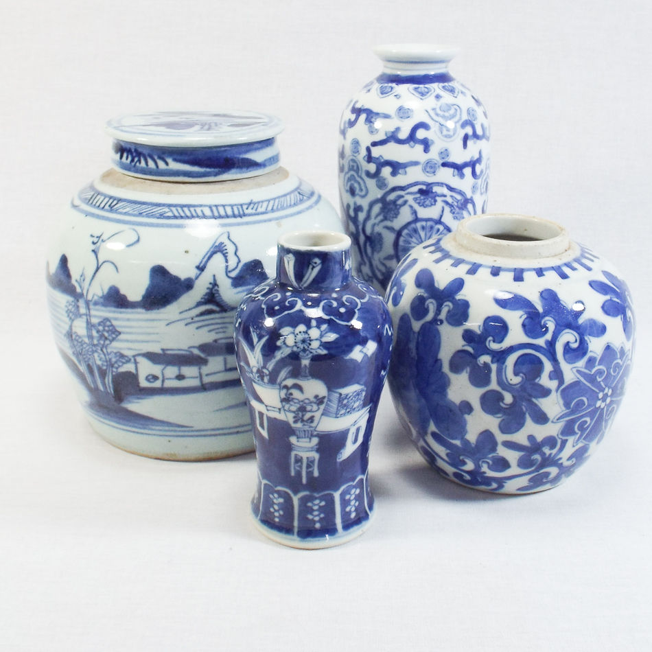 2 Chinese ginger jars, one with lid, the largest 17 cm high and 2 Chinese blue and white decorated