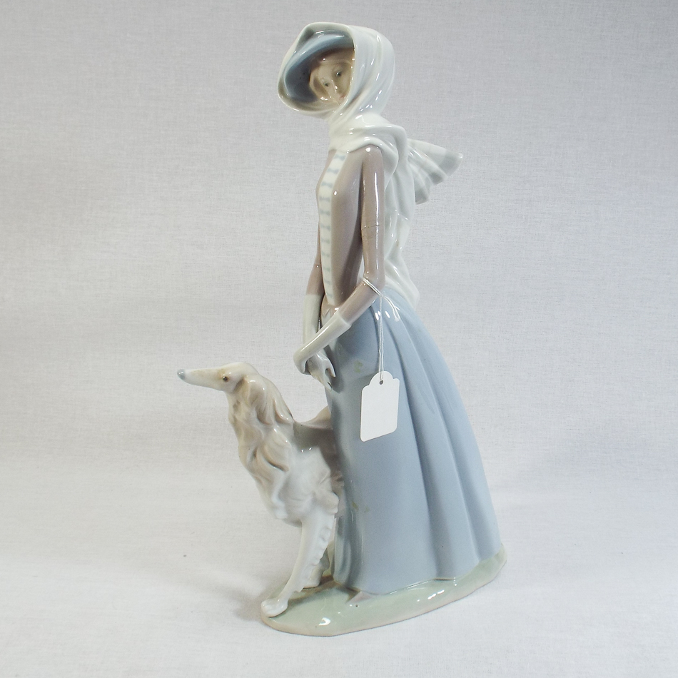 Large Lladro figure of a young girl with a Lurcher, 39 cm high