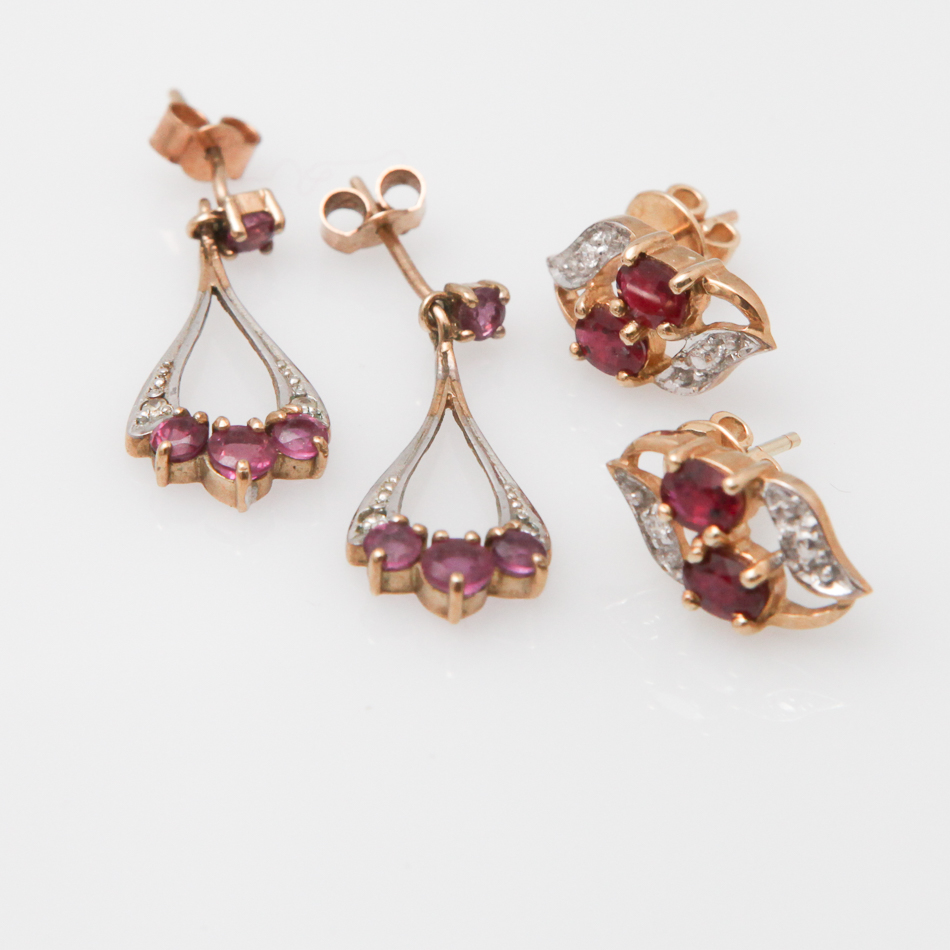 2 pairs of modern gold and diamond set ruby earrings