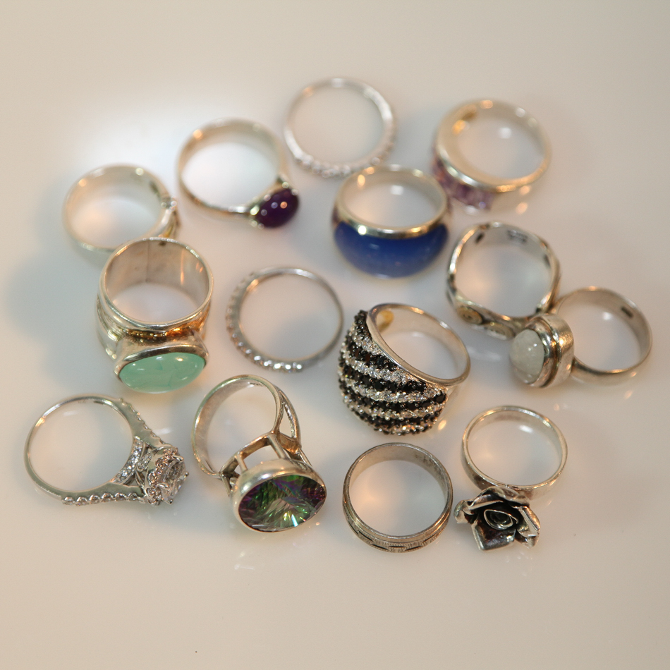 14 ladies modern silver dress rings stamped 925