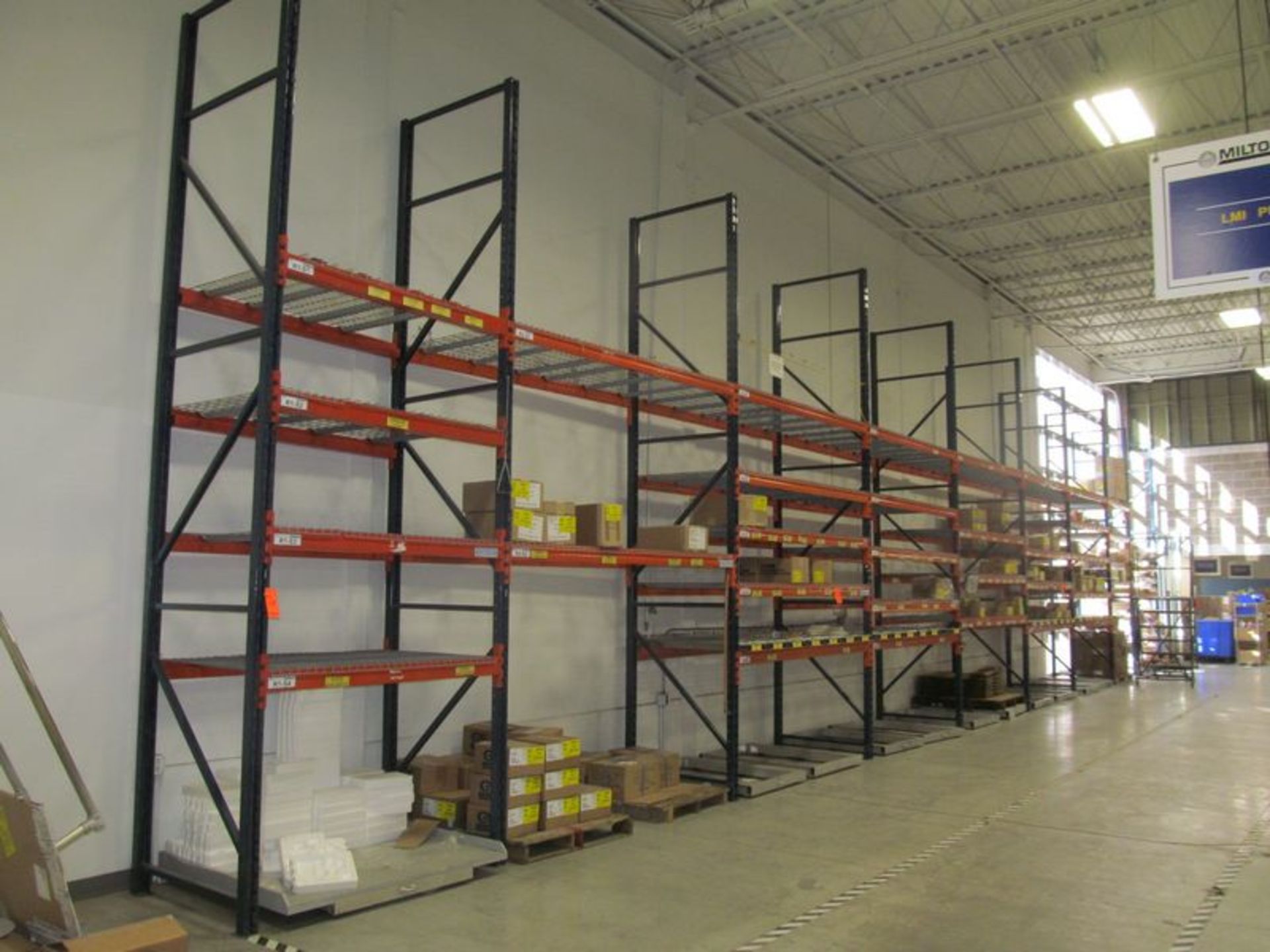 Lot (8) ass't sections pallet rack, all 42"D X 16'H with (9) 42"W X 16'H uprights, with 3" X 2-1/