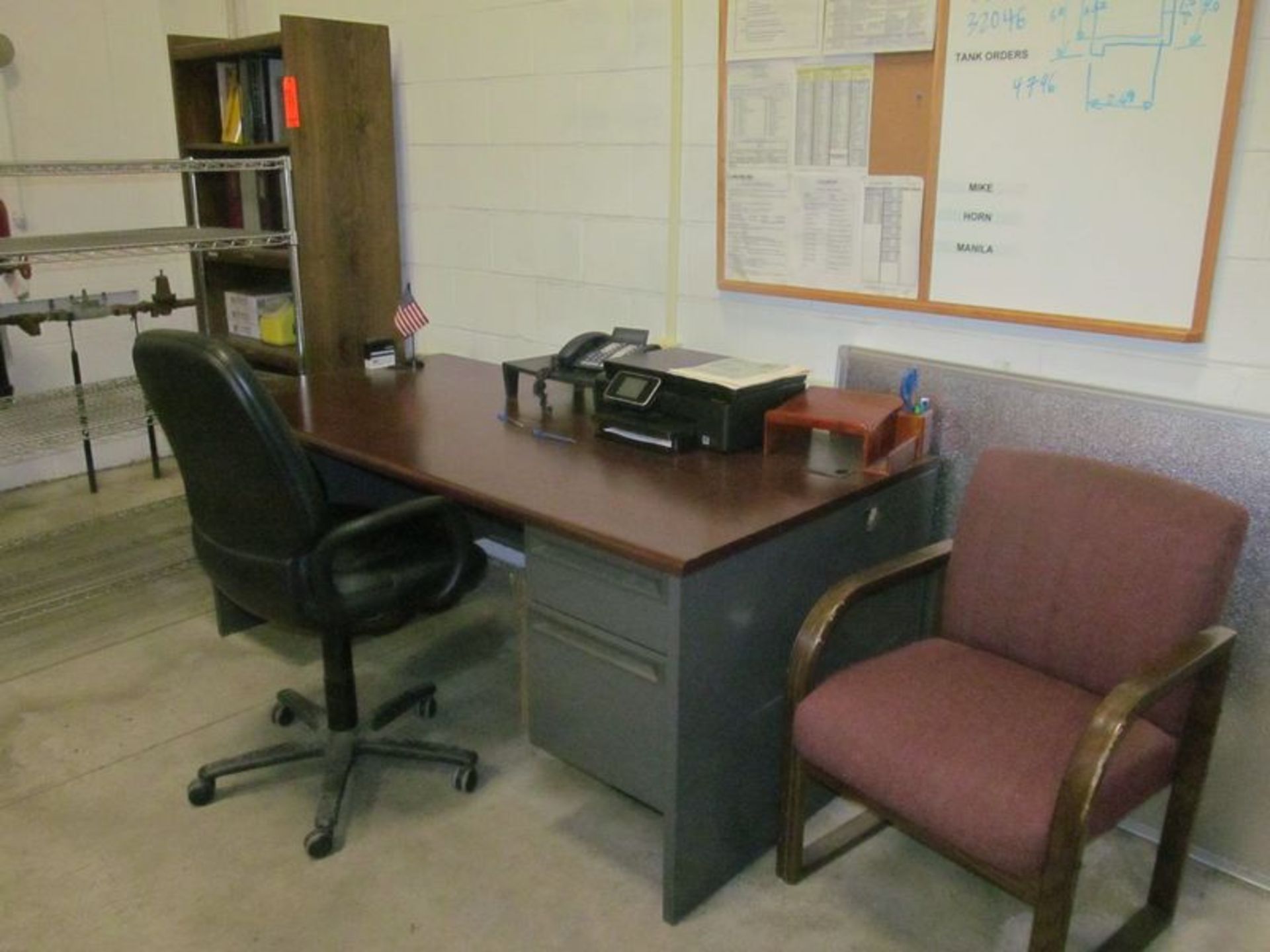 Lot ass't office and shop furnishings including (2) desks, (1) table, (5) chairs, (3) file cabinets,