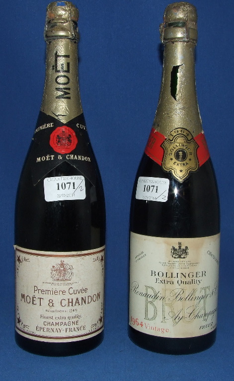 A bottle of Bollinger Extra Quality Vintage champagne, 1964, and a bottle of Moet & Chandon