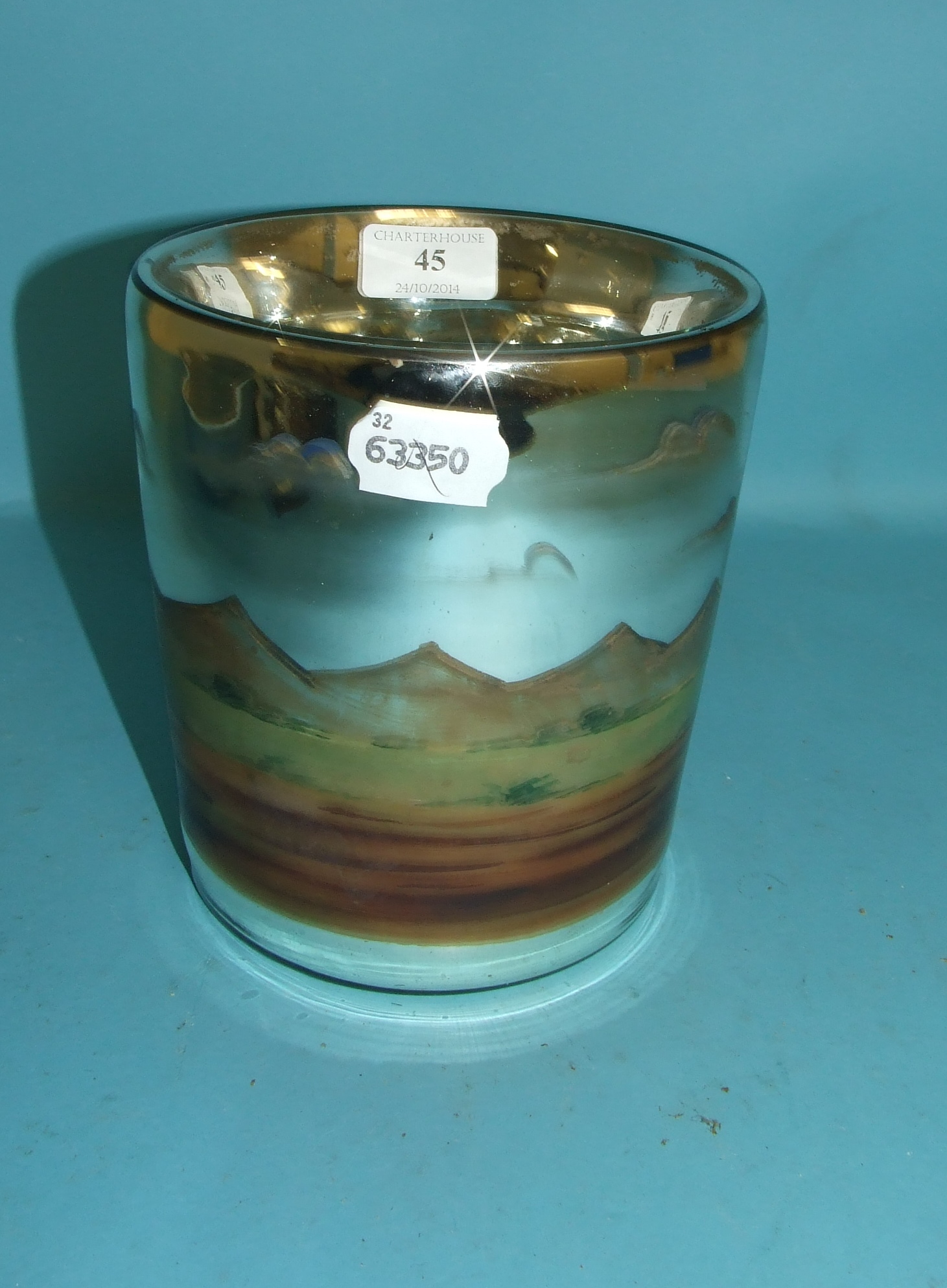 A mercury glass vase, painted a stagecoach, 17 cm high