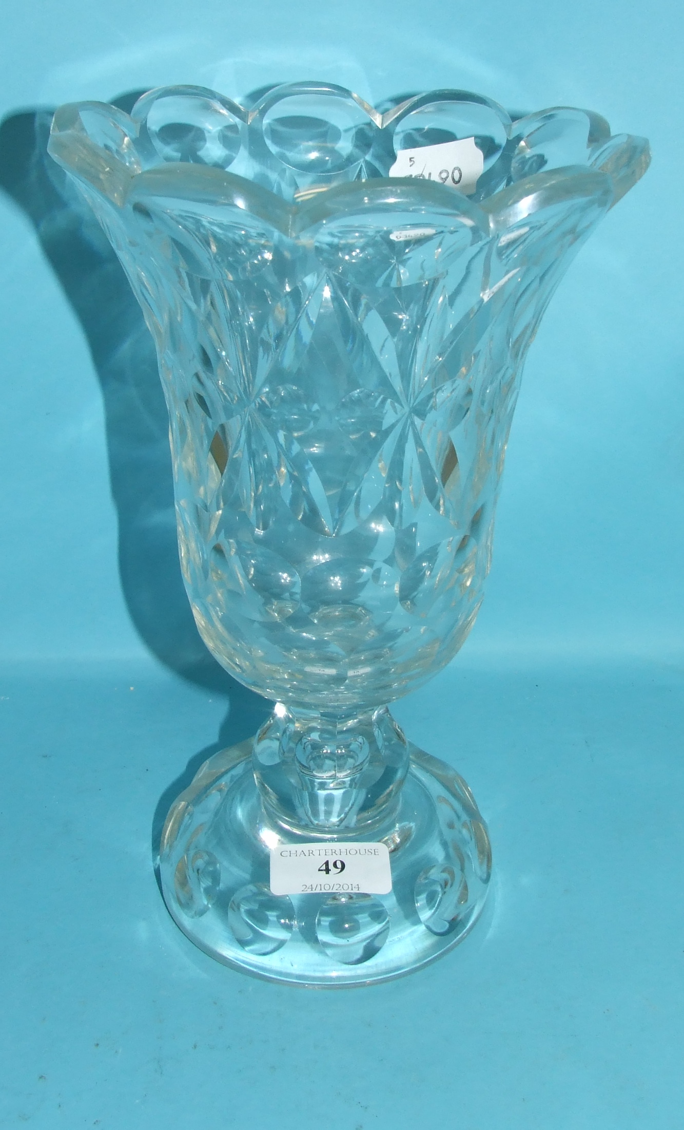 An early Victorian cut glass pedestal vase (some nibbles), 26 cm high