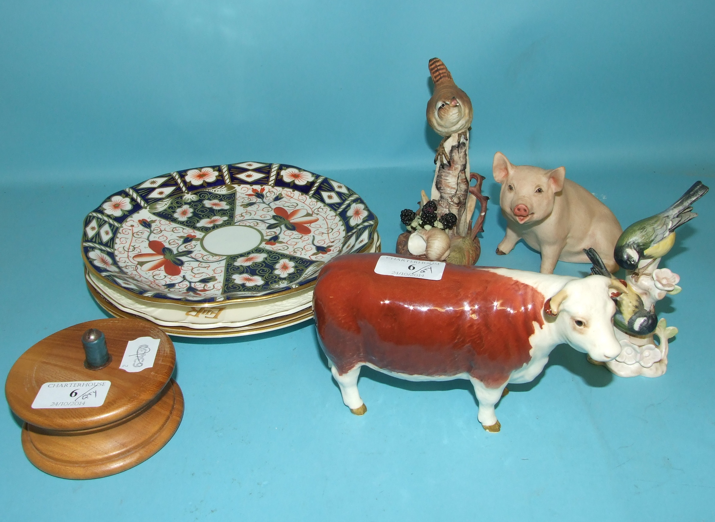 A Beswick Hereford Cow, 1360 (chip to hoof), a Royal Crown Derby Imari pattern plate, and other