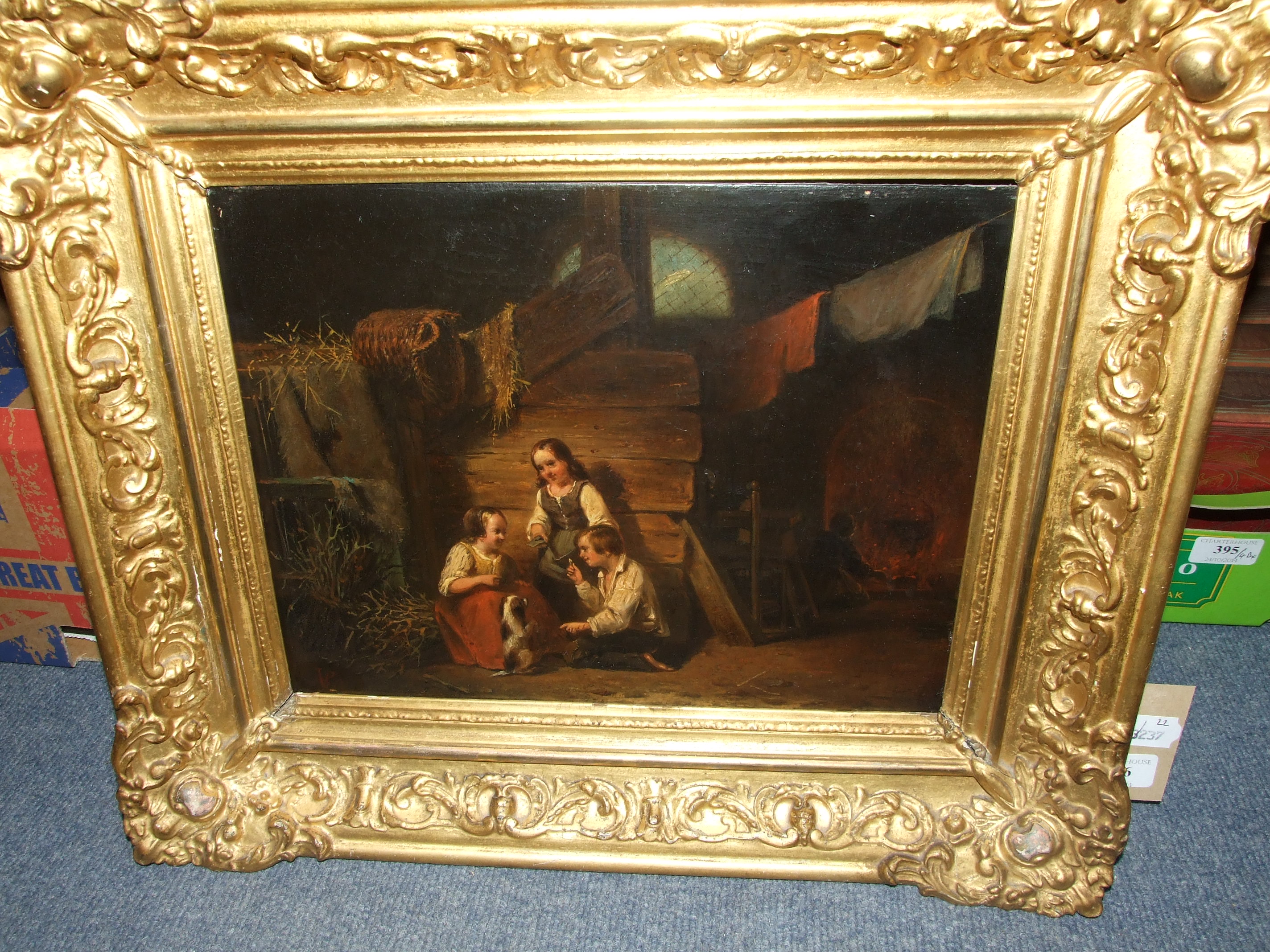 Manner of Sir David Wilkie, three children playing with a dog in an interior, and with a woman - Image 4 of 5