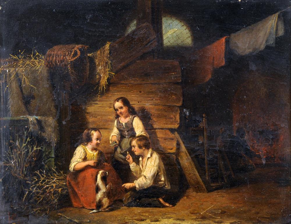 Manner of Sir David Wilkie, three children playing with a dog in an interior, and with a woman