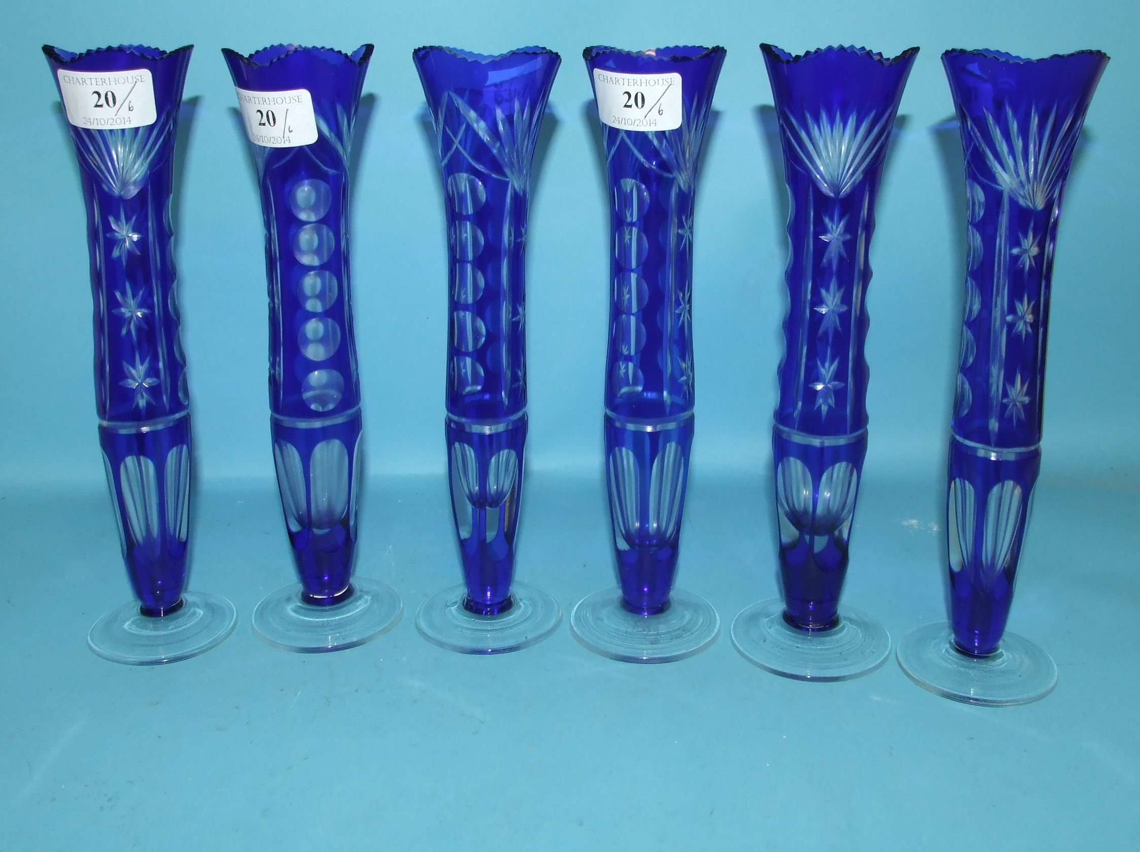 A set of six blue and clear glass vases, 24 cm high (6)