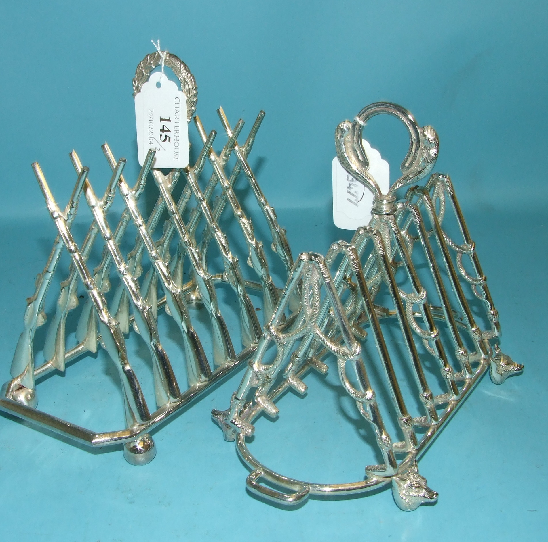 A plated toast rack, formed from riding crops, and another similar (2)