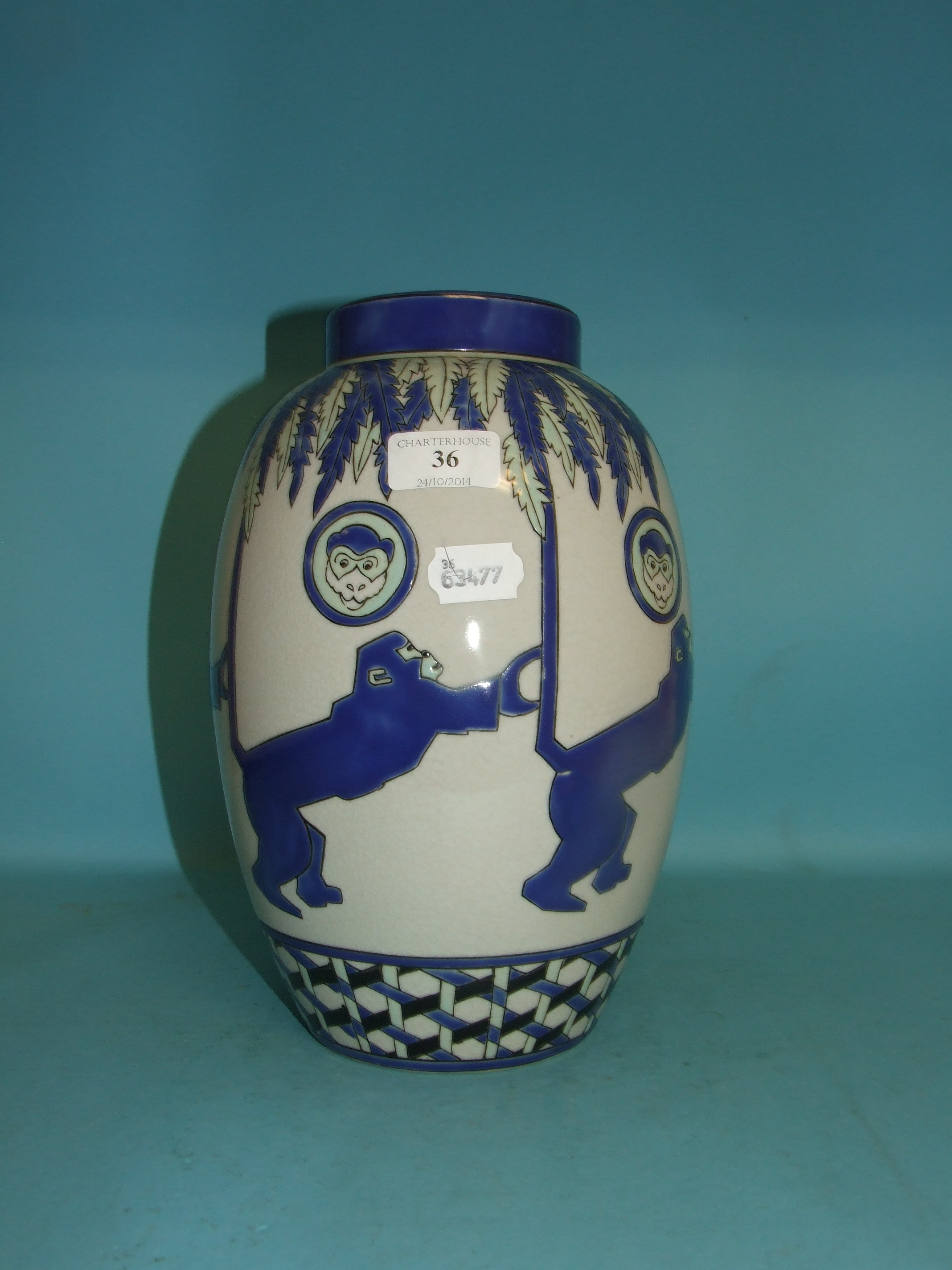 A pottery vase, decorated monkeys, 29 cm high   Condition report  Report by NG

Modern item.  It - Image 5 of 7