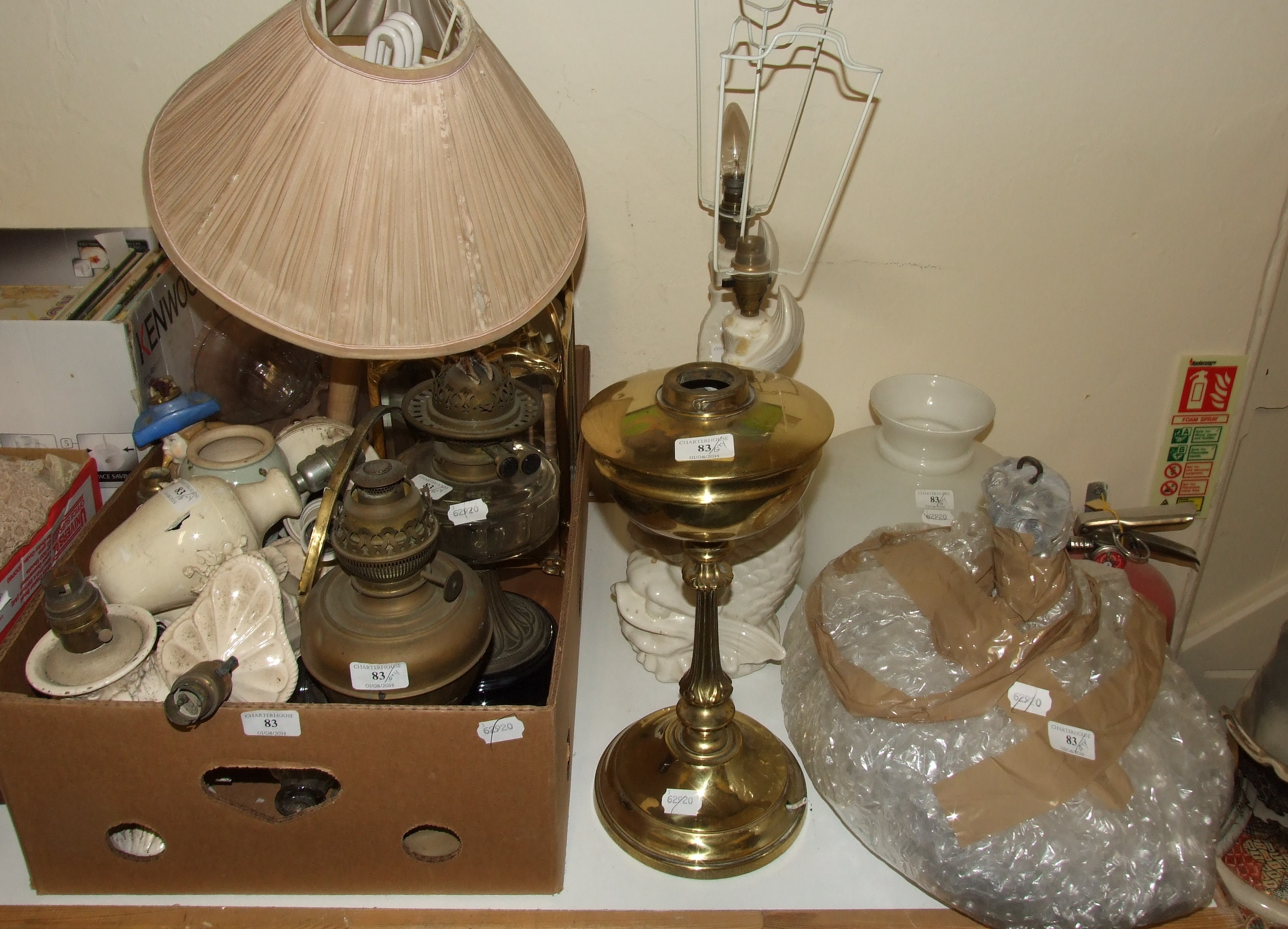 A hall style lantern, assorted lamps, shades, a mirror, prints and sundries (qty)