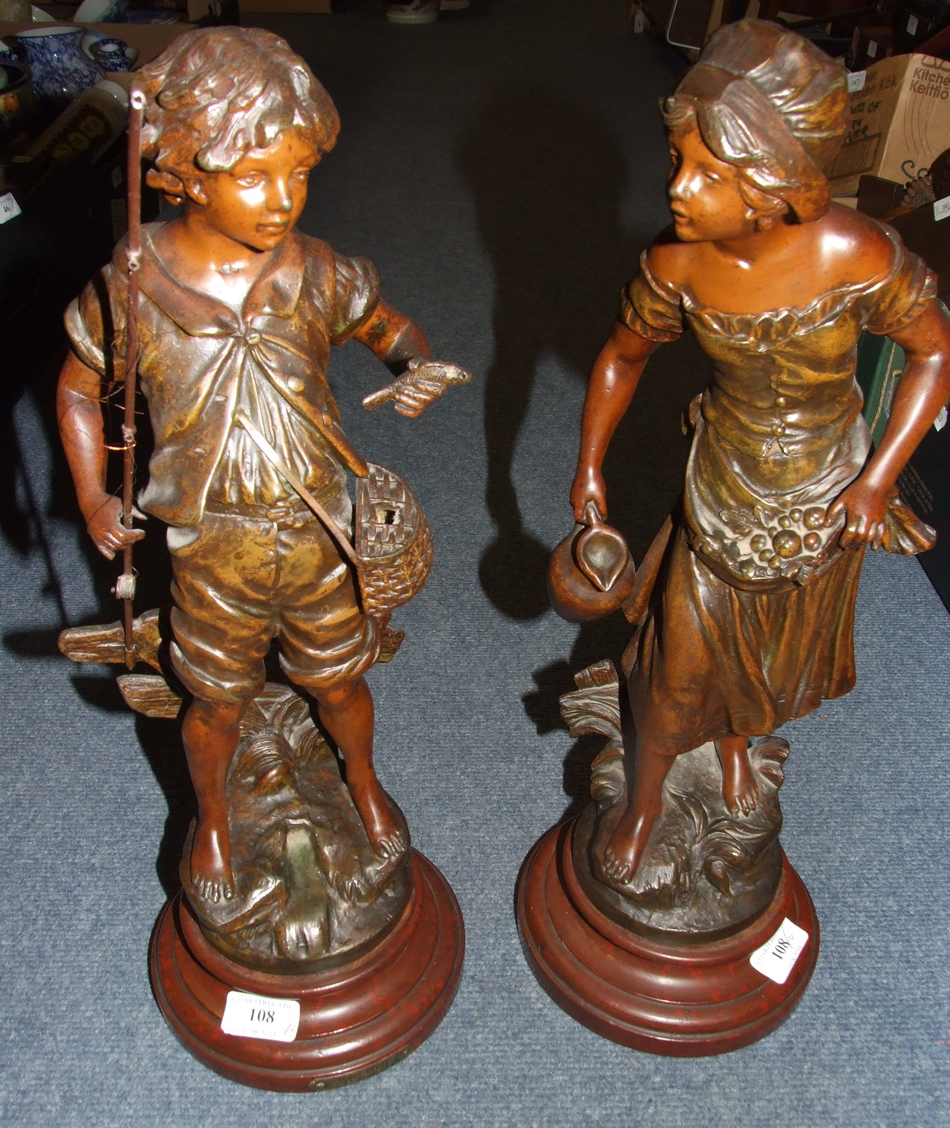 A pair of spelter figures, after Moreau, on socle bases, 47 cm high (2)