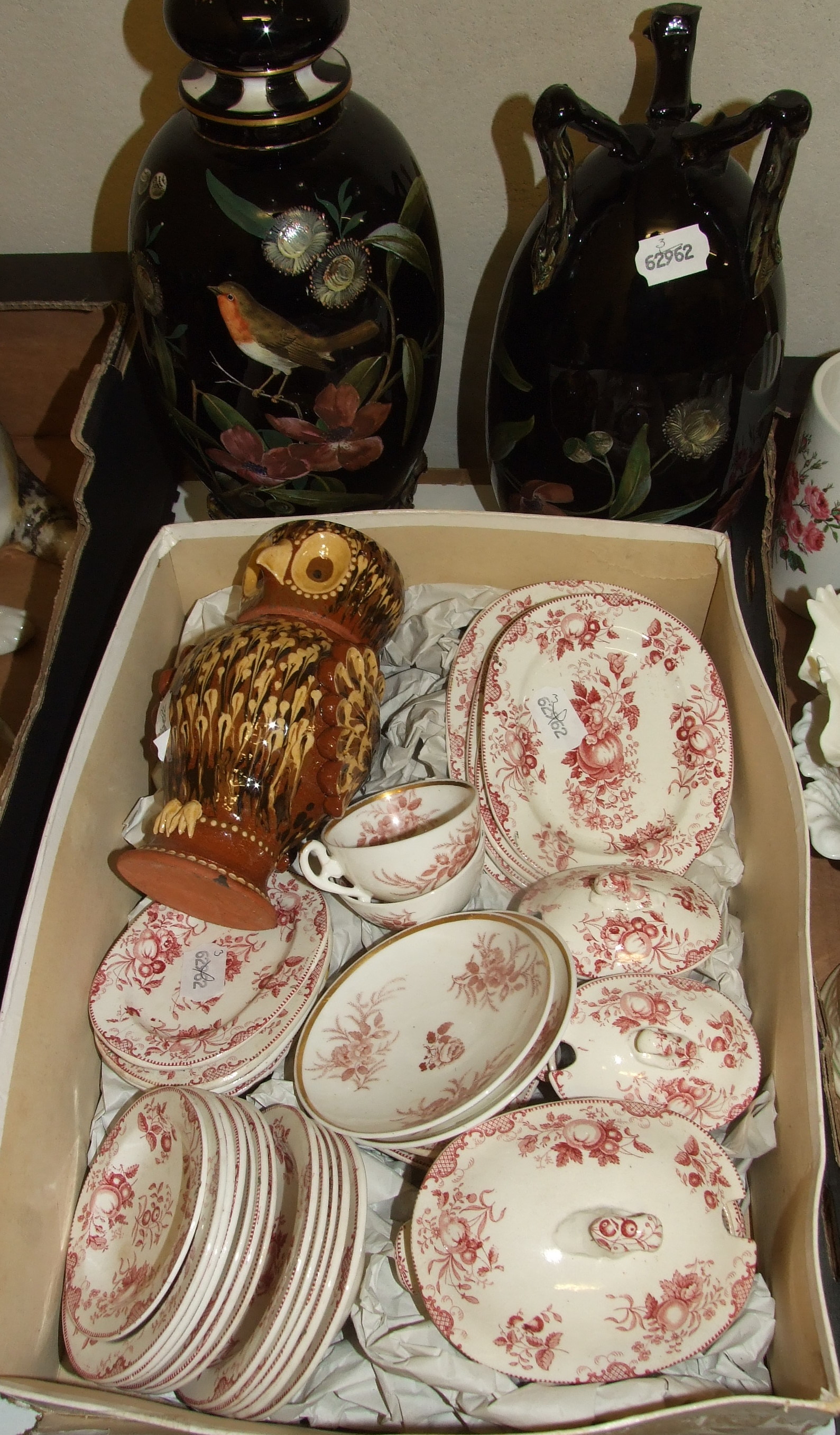 A 19th century pottery doll's house dinner service, a pottery jug with cover, in the form of an owl,