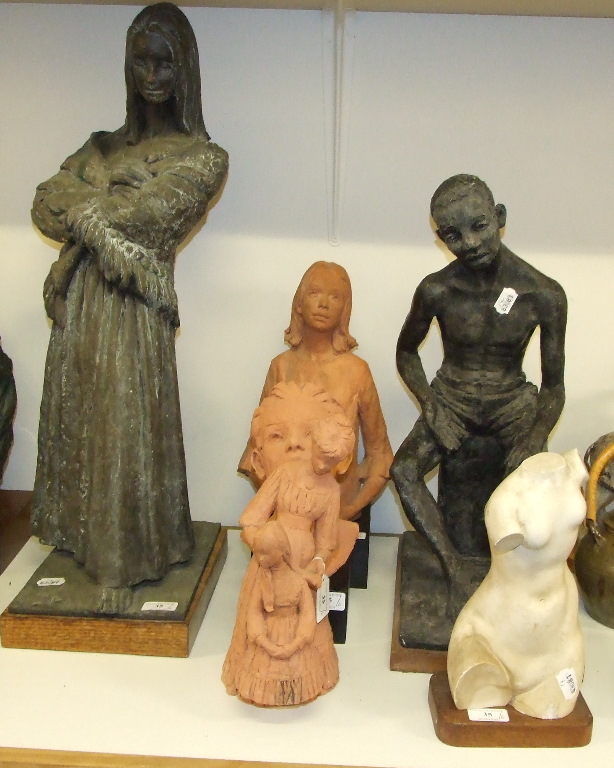 Bill Dowsett: a half length bust of a girl, terracotta, 38 cm high, and others by the same (6)