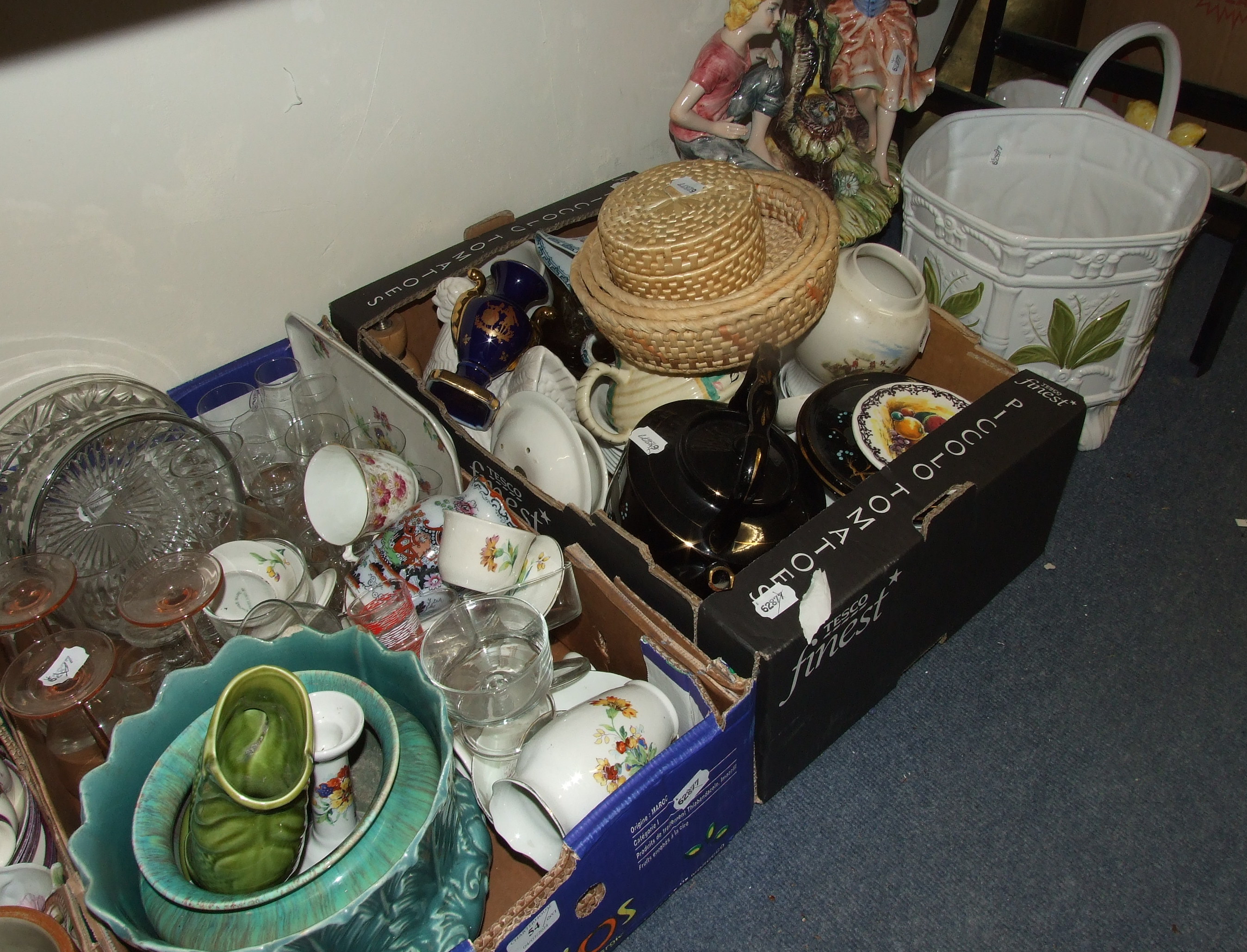 Assorted ceramics, glass, a brass fire hood, a carriage lamp, metalwares, pictures and items (qty)