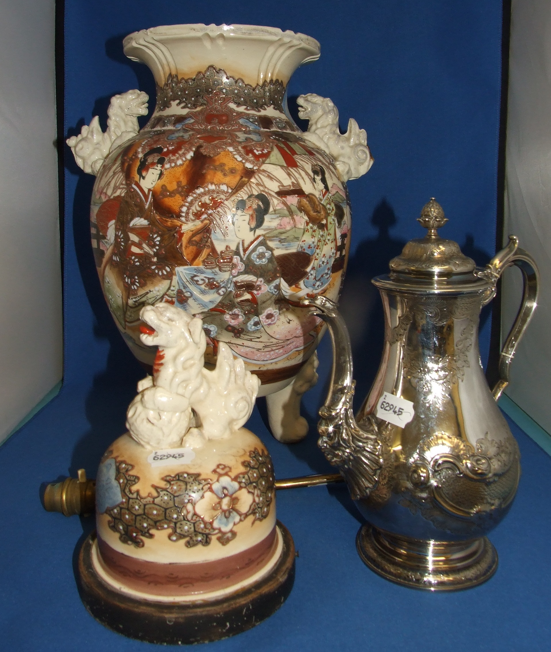 A Japanese Satsuma pottery vase and cover, converted to a lamp, and a silver plated coffee pot (2)