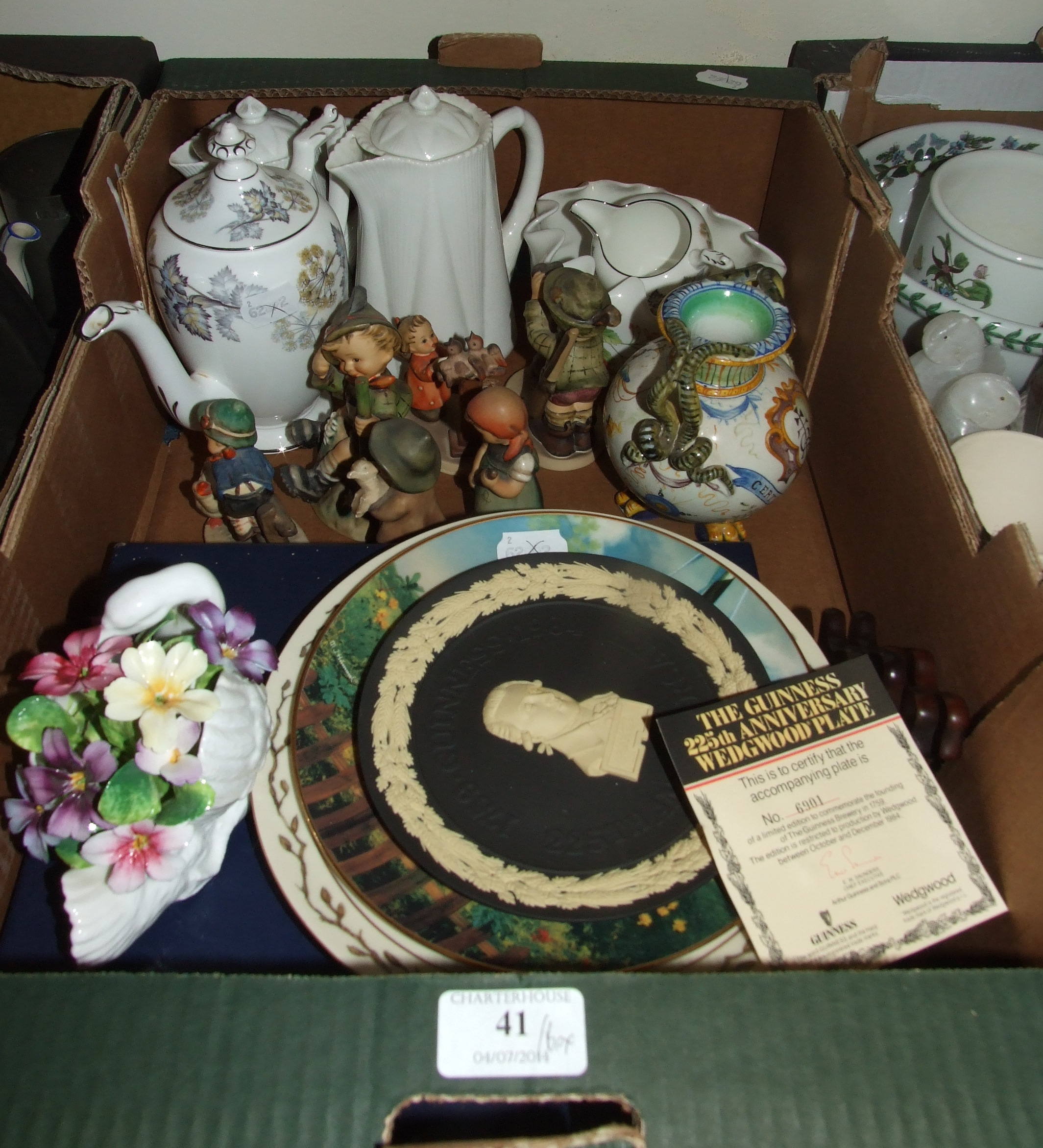 Six Hummel figures, a French faience vase, and other ceramics (box)