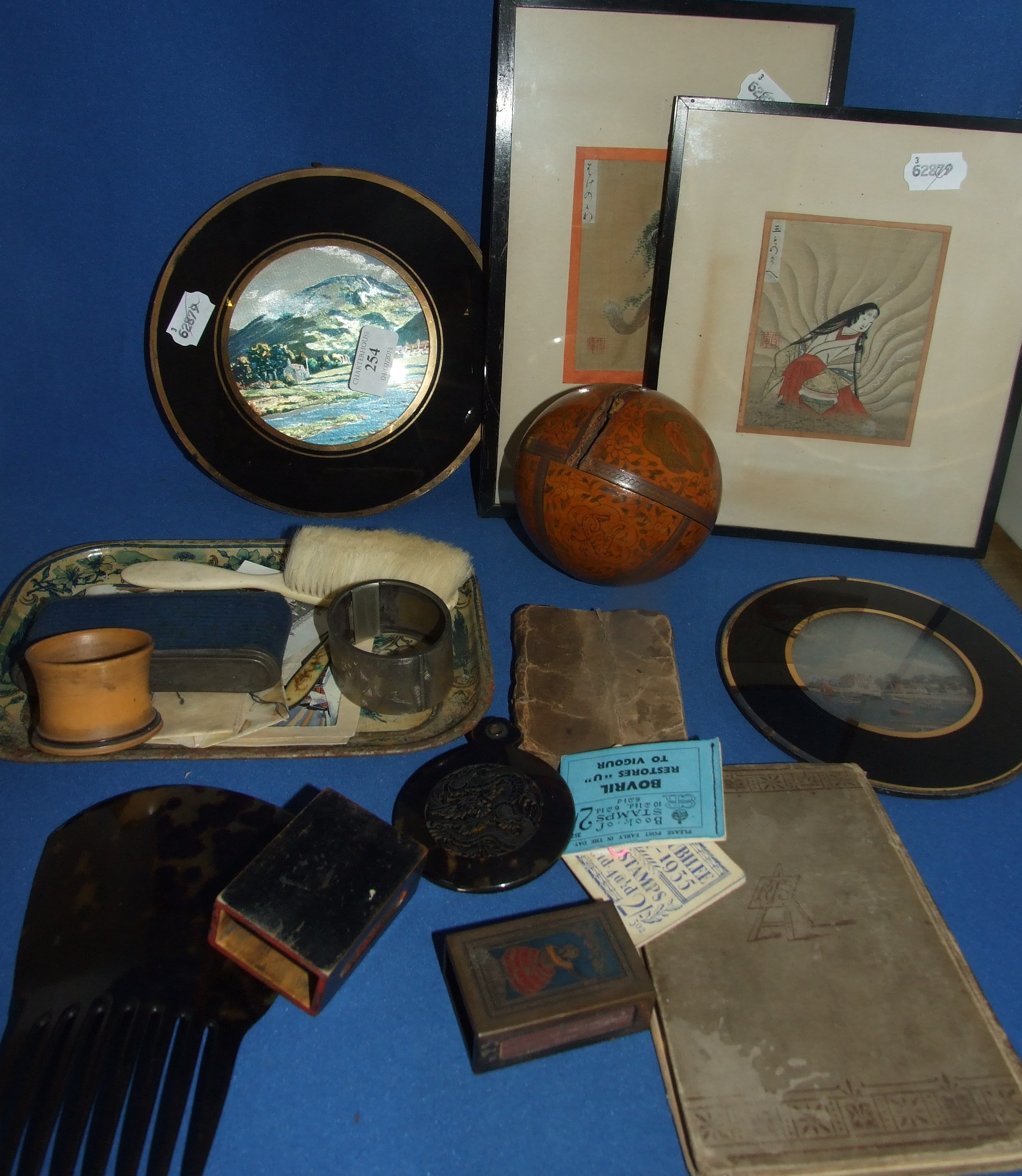 A pair of Chinese pictures, a mirror and other items (qty)