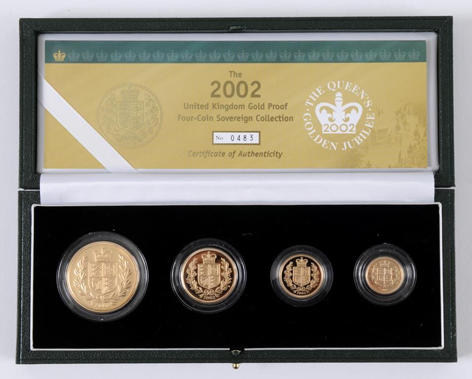 A four coin gold proof Sovereign collection coin set, 2002, cased with certificate  See