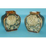 A pair of Doulton Lambeth Slaters Patent vases, with Japanese style decoration (a.f.), 14 cm high (