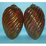 A pair of large glass hanging decorations, with a lustre finish, 32 cm high (2)