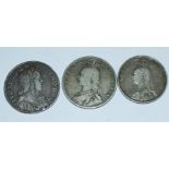 A Louis XIV Quart D'ecu, 1651, a half crown, 1889, and a florin, 1890 (3)