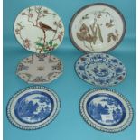 A pair of 19th century willow pattern plates, 18 cm diameter, an Imari plate, and three others (a.