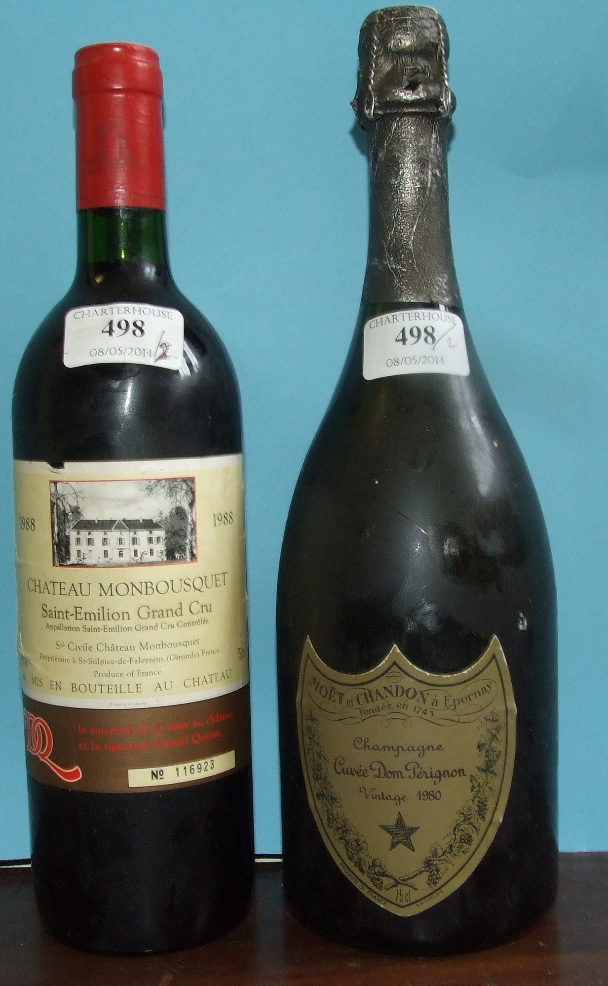 A bottle of Chateau Monbousquet Saint-Emilion Grand Cru, 1988, and a bottle of Moet & Chandon