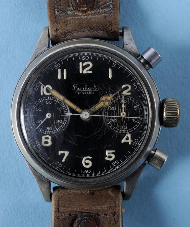 A WWII Luftwaffe Hanhart 17 Steine chronograph wristwatch, the black dial with Arabic numerals and